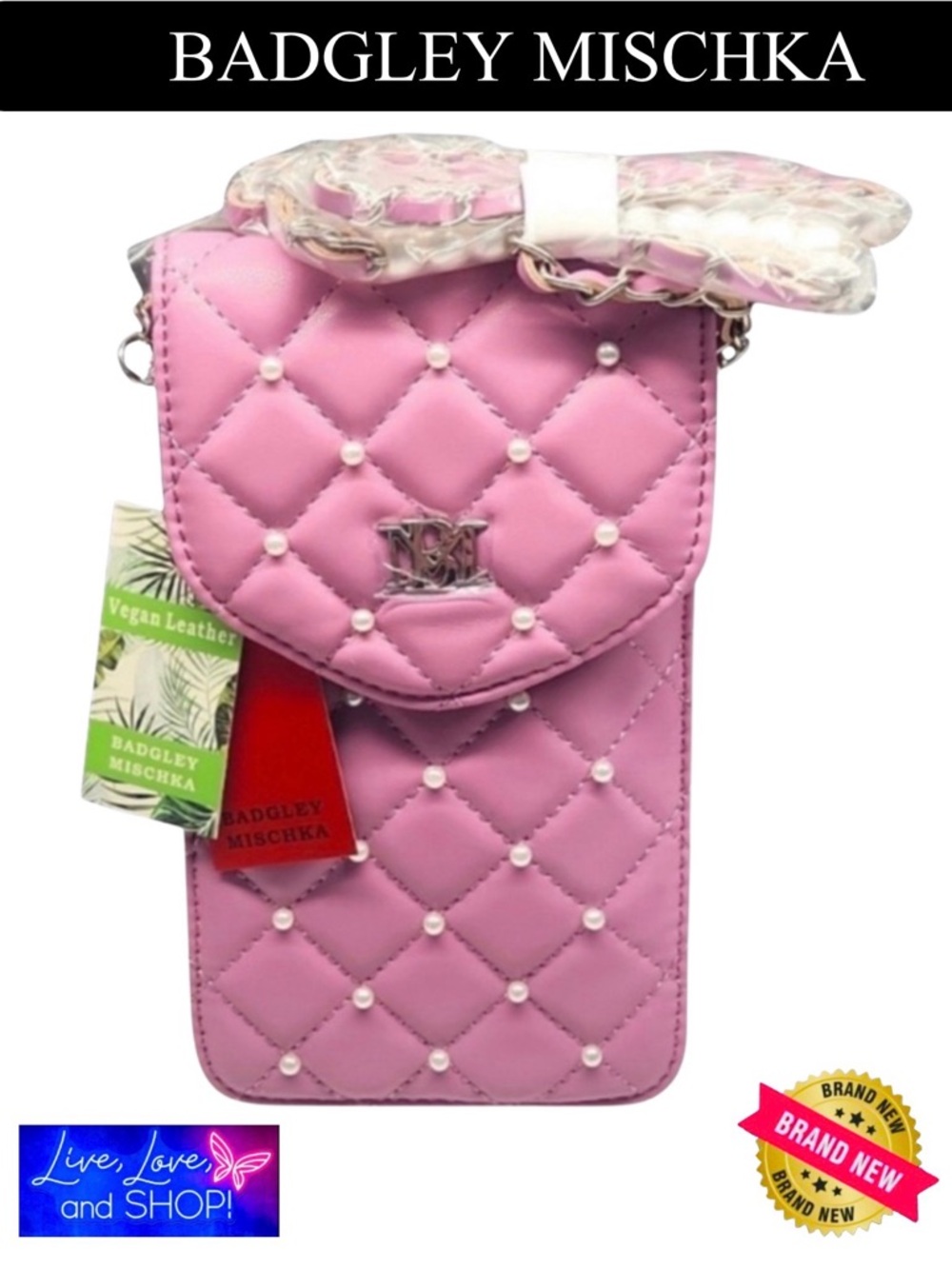 BADGLEY MISCHKA Pink w/Faux Pearls Quilted Phone Case Crossbody, NWT